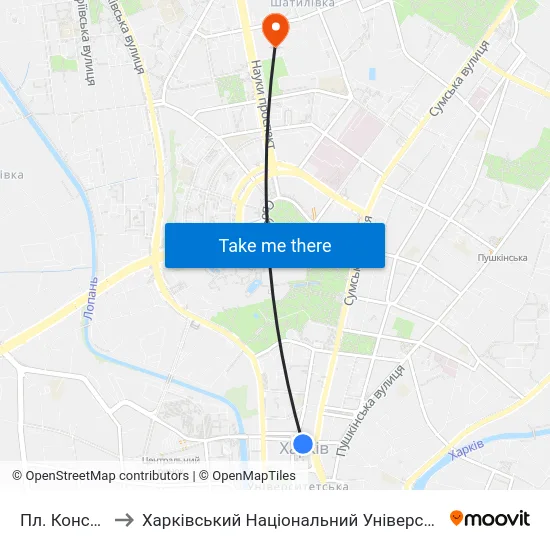 Пл. Конституции to Харківський Національний Університет Радіоелектроніки map