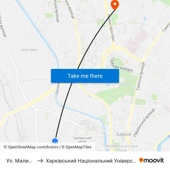 Ул. Малиновского to Харківський Національний Університет Радіоелектроніки map