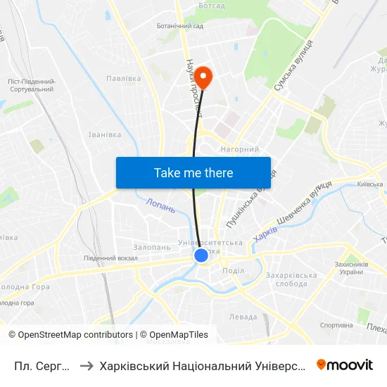 Пл. Сергиевская to Харківський Національний Університет Радіоелектроніки map