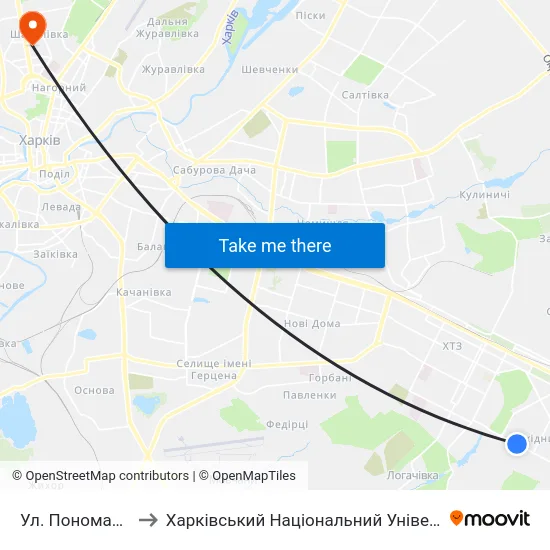 Ул. Пономаренковская to Харківський Національний Університет Радіоелектроніки map