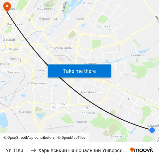 Ул. Плиточная to Харківський Національний Університет Радіоелектроніки map