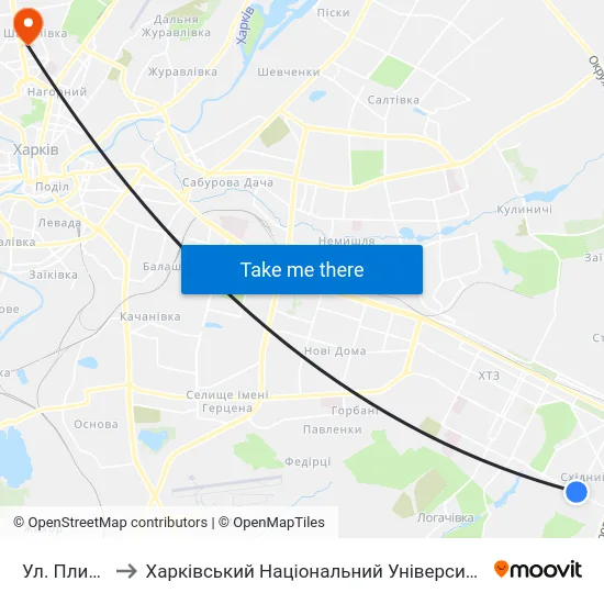 Ул. Плиточная to Харківський Національний Університет Радіоелектроніки map