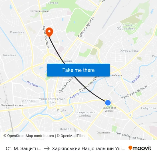 Ст. М. Защитников Украины to Харківський Національний Університет Радіоелектроніки map