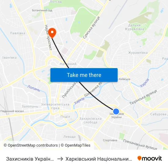 Захисників України (Zachysnykiv Ukrainy) to Харківський Національний Університет Радіоелектроніки map