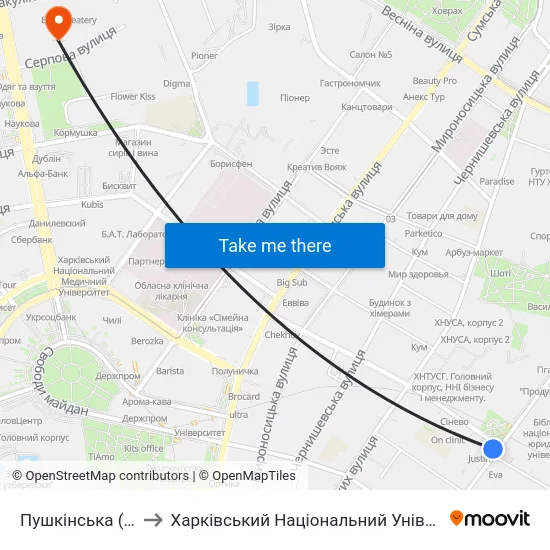 Пушкінська (Pushkinska) to Харківський Національний Університет Радіоелектроніки map
