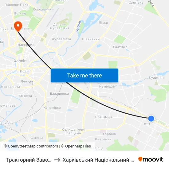 Тракторний Завод (Traktornyi Zavod) to Харківський Національний Університет Радіоелектроніки map
