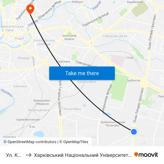 Ул. Киргизская to Харківський Національний Університет Міського Господарства Імені О. М. Бекетова map