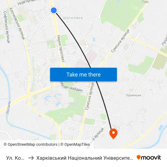 Ул. Космическая to Харківський Національний Університет Міського Господарства Імені О. М. Бекетова map