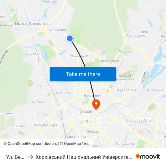 Ул. Белогорская to Харківський Національний Університет Міського Господарства Імені О. М. Бекетова map