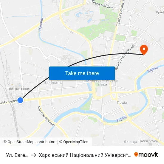 Ул. Евгения Котляра to Харківський Національний Університет Міського Господарства Імені О. М. Бекетова map