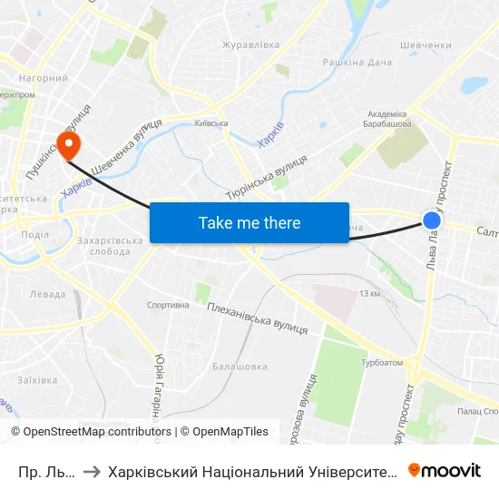 Пр. Льва Ландау to Харківський Національний Університет Міського Господарства Імені О. М. Бекетова map