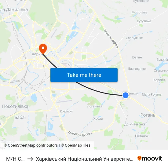 М/Н Солнечный to Харківський Національний Університет Міського Господарства Імені О. М. Бекетова map