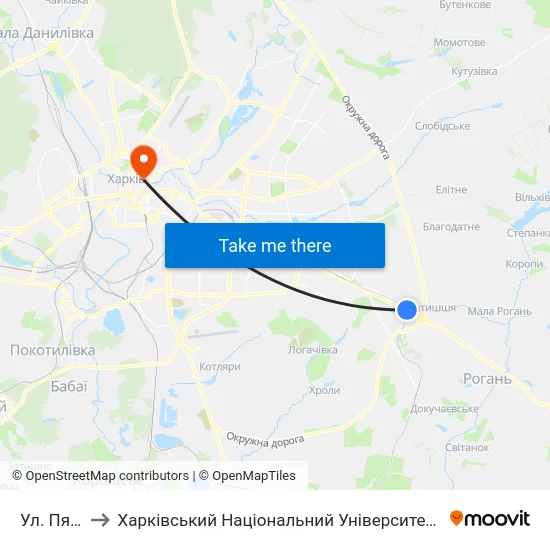 Ул. Пятихатская to Харківський Національний Університет Міського Господарства Імені О. М. Бекетова map