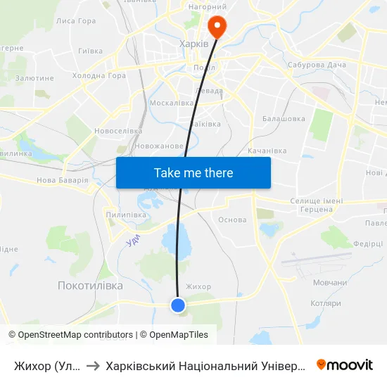 Жихор (Ул. Тернопольская) to Харківський Національний Університет Міського Господарства Імені О. М. Бекетова map