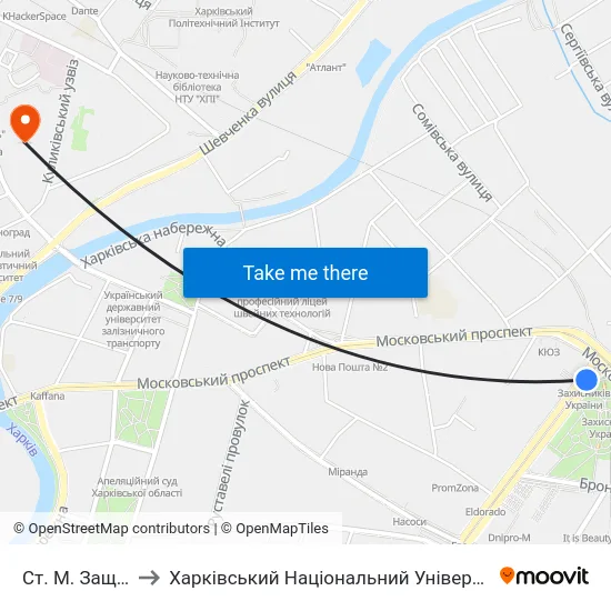 Ст. М. Защитников Украины to Харківський Національний Університет Міського Господарства Імені О. М. Бекетова map