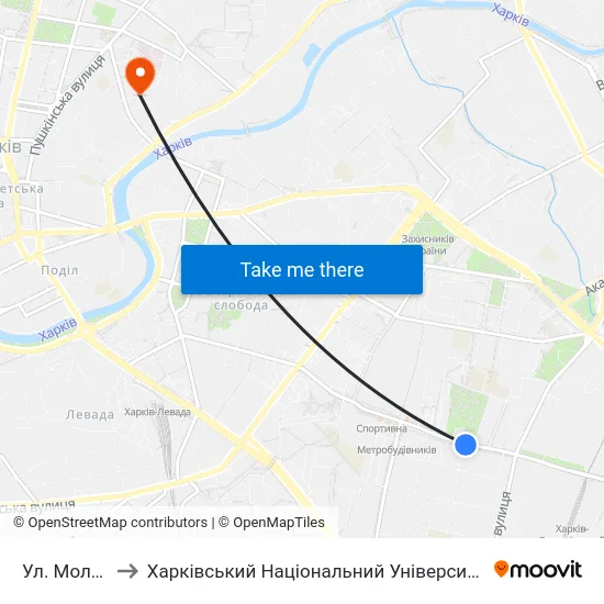 Ул. Молодой Гвардии to Харківський Національний Університет Міського Господарства Імені О. М. Бекетова map