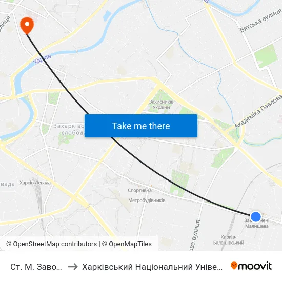 Ст. М. Завод Имени Малышева to Харківський Національний Університет Міського Господарства Імені О. М. Бекетова map