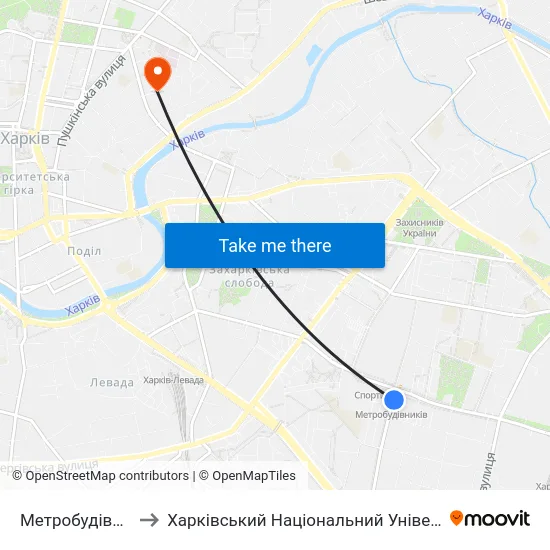 Метробудівників (Metrobudivnykiv) to Харківський Національний Університет Міського Господарства Імені О. М. Бекетова map
