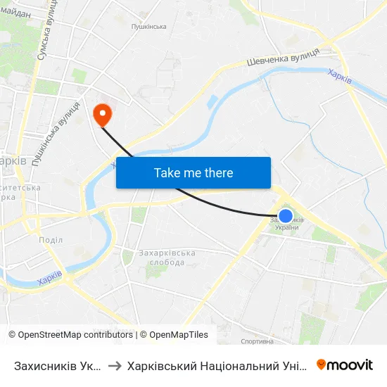 Захисників України (Zachysnykiv Ukrainy) to Харківський Національний Університет Міського Господарства Імені О. М. Бекетова map