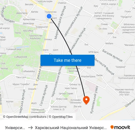 Університет (Universytet) to Харківський Національний Університет Міського Господарства Імені О. М. Бекетова map