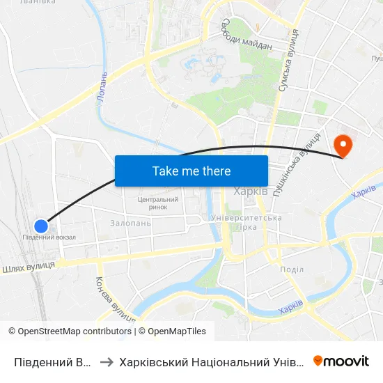 Південний Вокзал (Pivdennyi Vokzal) to Харківський Національний Університет Міського Господарства Імені О. М. Бекетова map