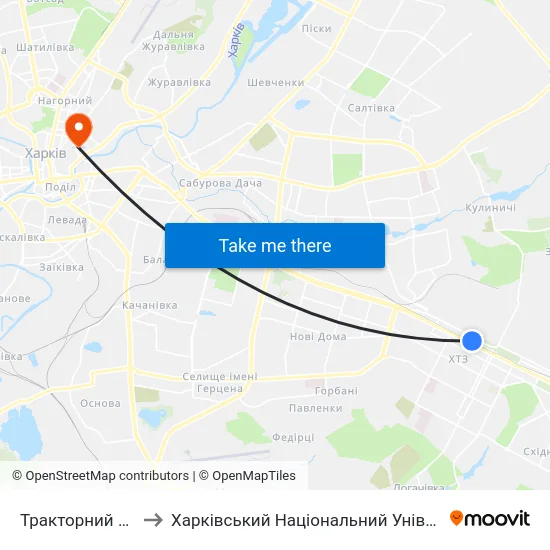 Тракторний Завод (Traktornyi Zavod) to Харківський Національний Університет Міського Господарства Імені О. М. Бекетова map