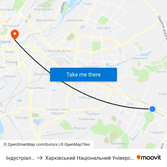 Індустріальна (Industrialna) to Харківський Національний Університет Міського Господарства Імені О. М. Бекетова map