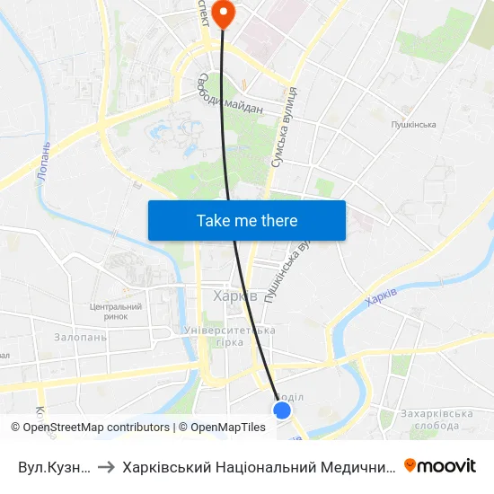 Вул.Кузнечна to Харківський Національний Медичний Університет map