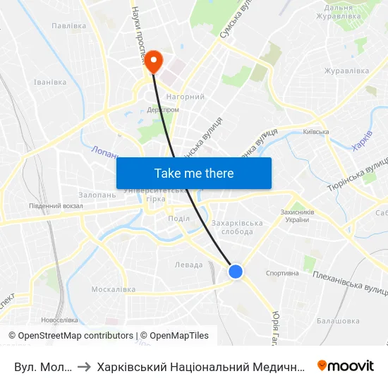 Вул. Молочна to Харківський Національний Медичний Університет map