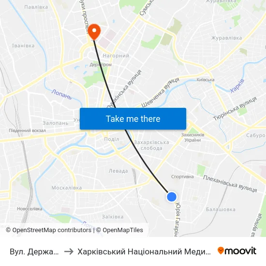 Вул. Державінська to Харківський Національний Медичний Університет map