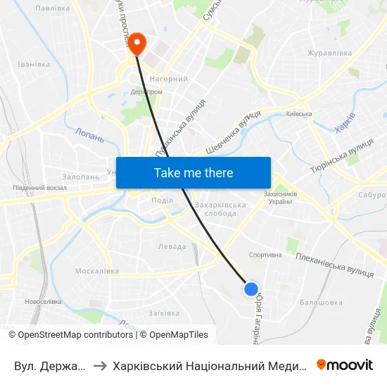Вул. Державінська to Харківський Національний Медичний Університет map
