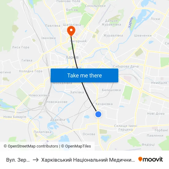 Вул. Зернова to Харківський Національний Медичний Університет map