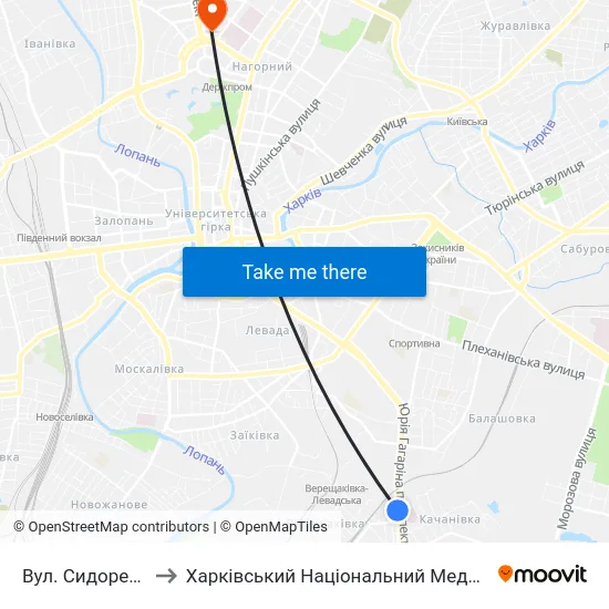 Вул. Сидоренкiвська to Харківський Національний Медичний Університет map