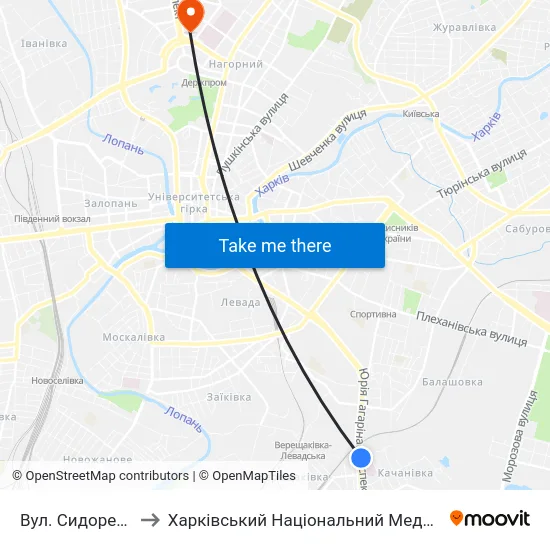 Вул. Сидоренкiвська to Харківський Національний Медичний Університет map