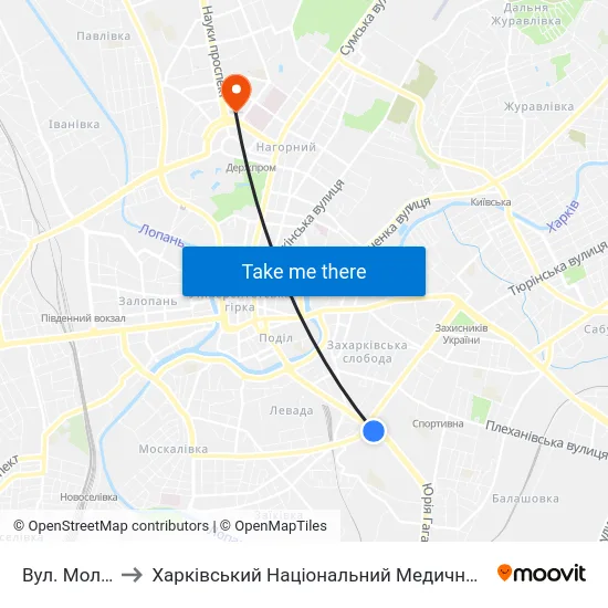 Вул. Молочна to Харківський Національний Медичний Університет map