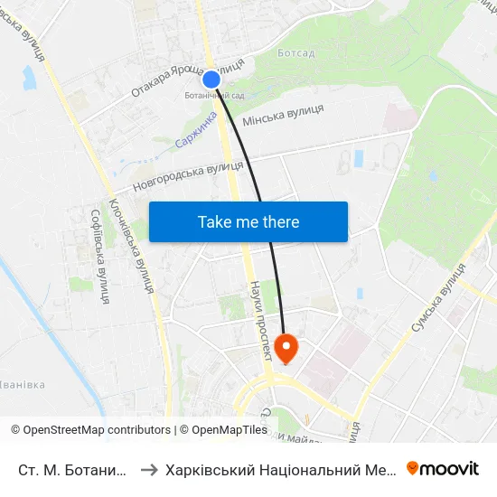 Ст. М. Ботанический Сад to Харківський Національний Медичний Університет map