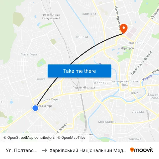 Ул. Полтавский Шлях to Харківський Національний Медичний Університет map