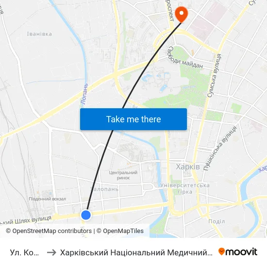 Ул. Конева to Харківський Національний Медичний Університет map