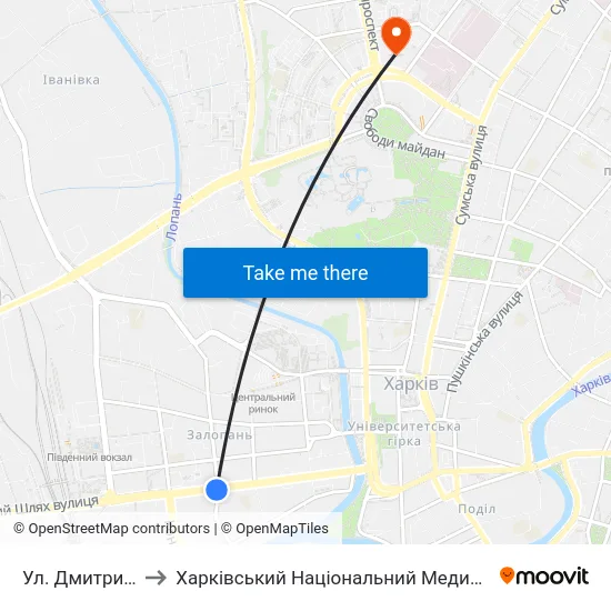 Ул. Дмитриевская to Харківський Національний Медичний Університет map