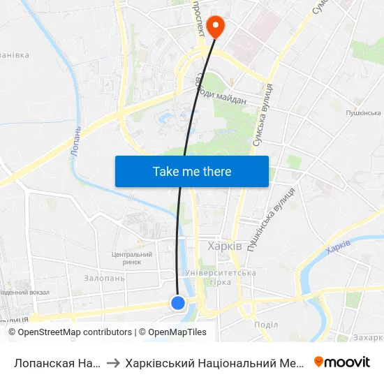 Лопанская Набережная to Харківський Національний Медичний Університет map