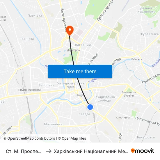 Ст. М. Проспект Гагарина to Харківський Національний Медичний Університет map