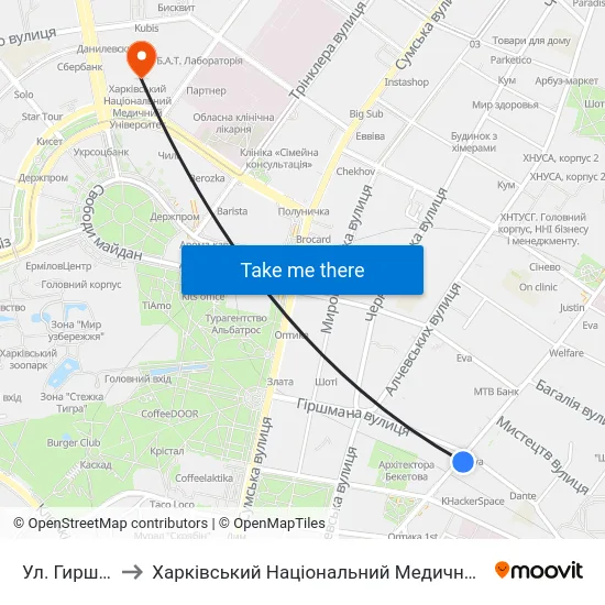 Ул. Гиршмана to Харківський Національний Медичний Університет map