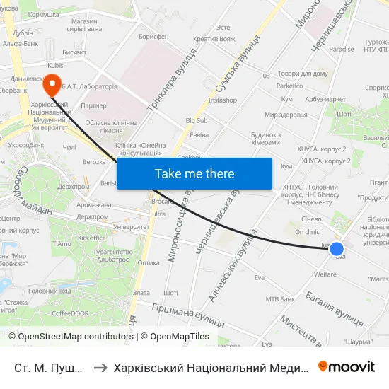 Ст. М. Пушкинская to Харківський Національний Медичний Університет map