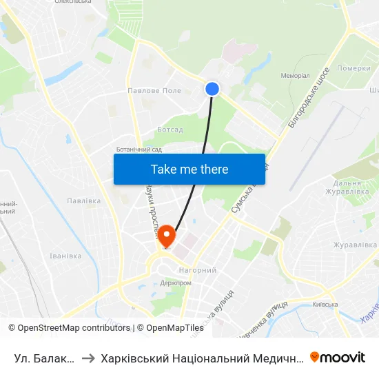Ул. Балакирева to Харківський Національний Медичний Університет map