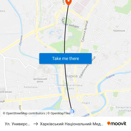 Ул. Университетская to Харківський Національний Медичний Університет map