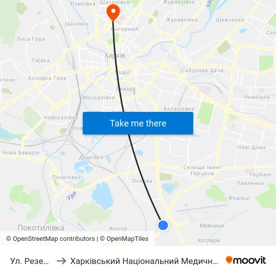 Ул. Резервная to Харківський Національний Медичний Університет map