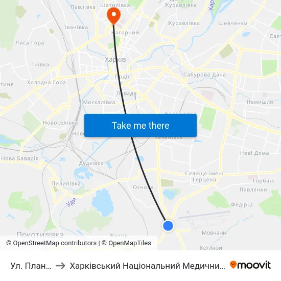 Ул. Планерна to Харківський Національний Медичний Університет map