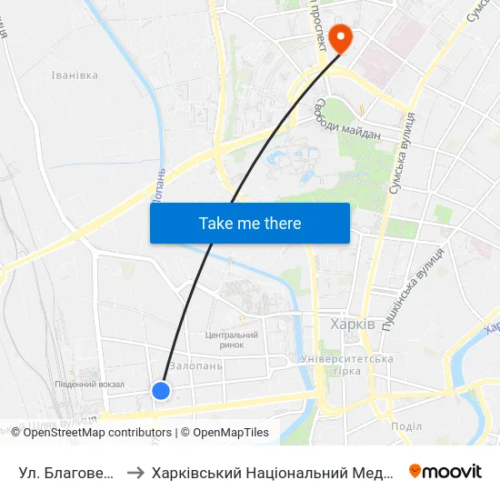 Ул. Благовещенская to Харківський Національний Медичний Університет map