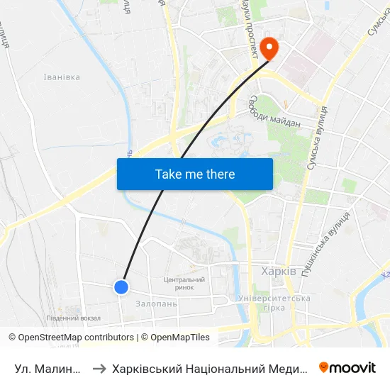 Ул. Малиновского to Харківський Національний Медичний Університет map