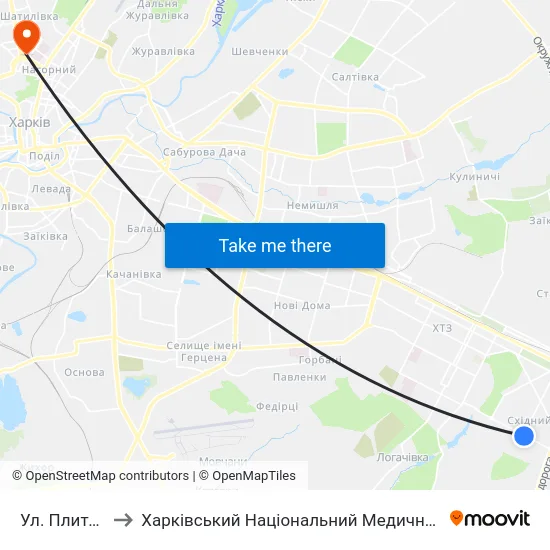 Ул. Плиточная to Харківський Національний Медичний Університет map